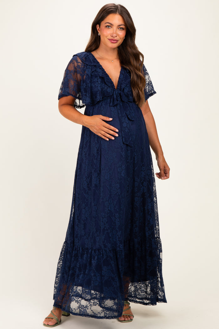 Navy Lace Flutter Sleeve Tiered Maternity Maxi Dress