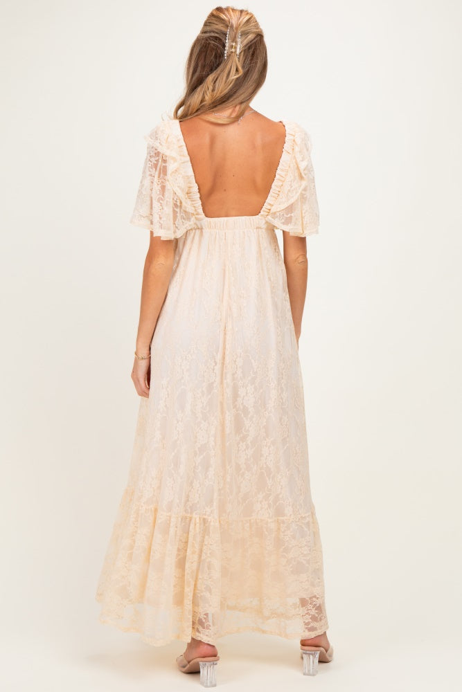 tan lace maxi dress Uliana Pink Beige Floral Lace Halterneck Maxi Dress - Pink Beige 4