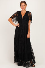 Black Lace Flutter Sleeve Tiered Maxi Dress