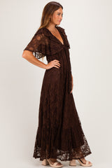 Brown Lace Flutter Sleeve Tiered Maxi Dress