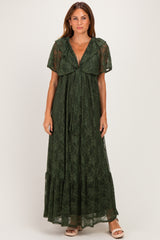 Olive Lace Flutter Sleeve Tiered Maxi Dress