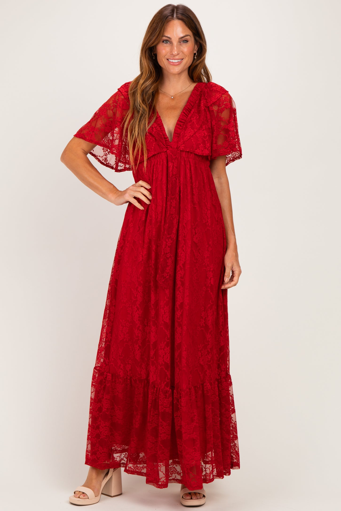 Red Lace Flutter Sleeve Tiered Maxi Dress