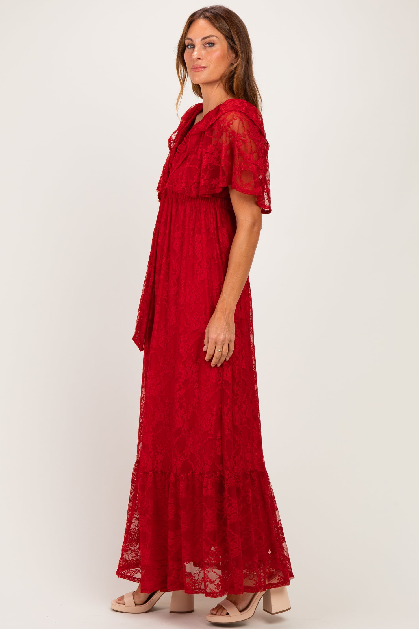 Red Lace Flutter Sleeve Tiered Maxi Dress