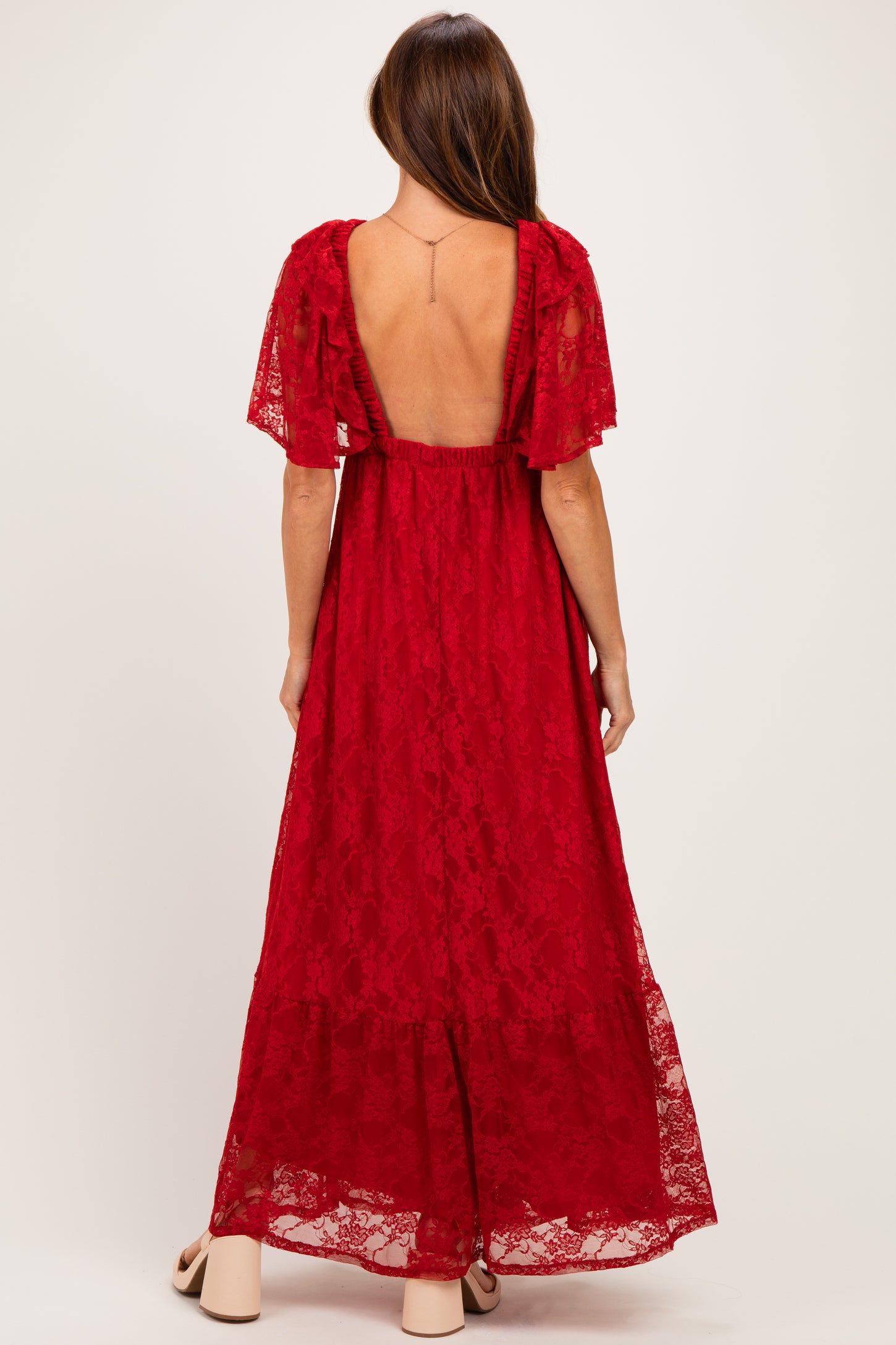 Red Lace Flutter Sleeve Tiered Maxi Dress