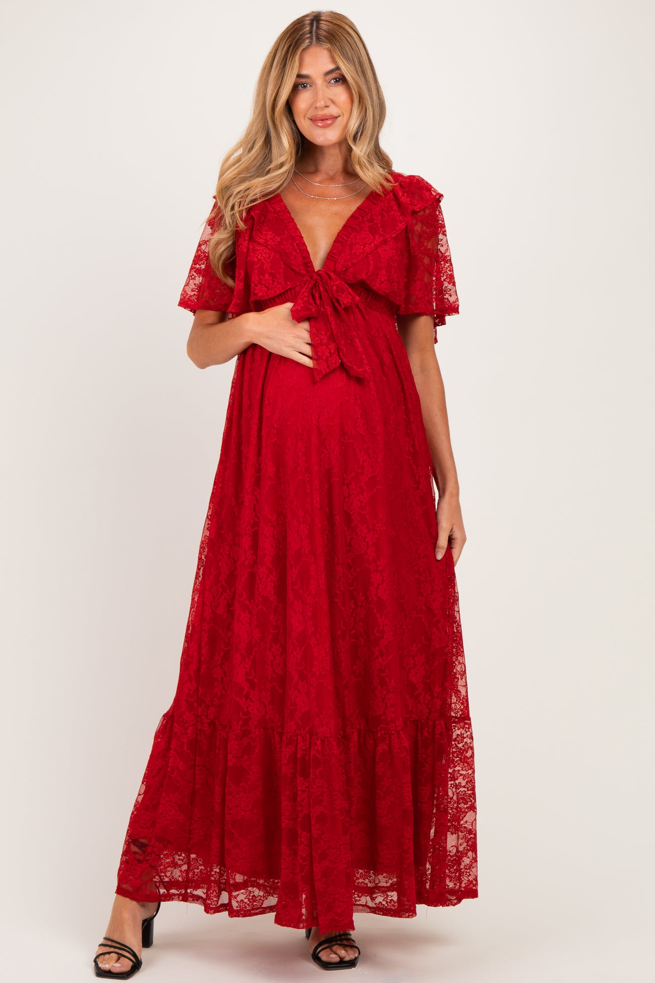 Red Lace Flutter Sleeve Tiered Maternity Maxi Dress
