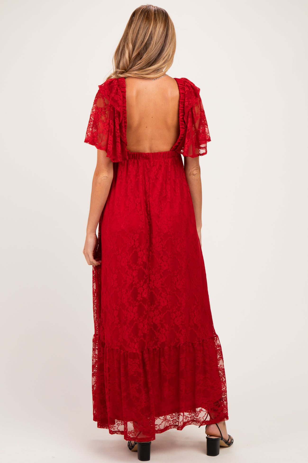 Red Lace Flutter Sleeve Tiered Maternity Maxi Dress