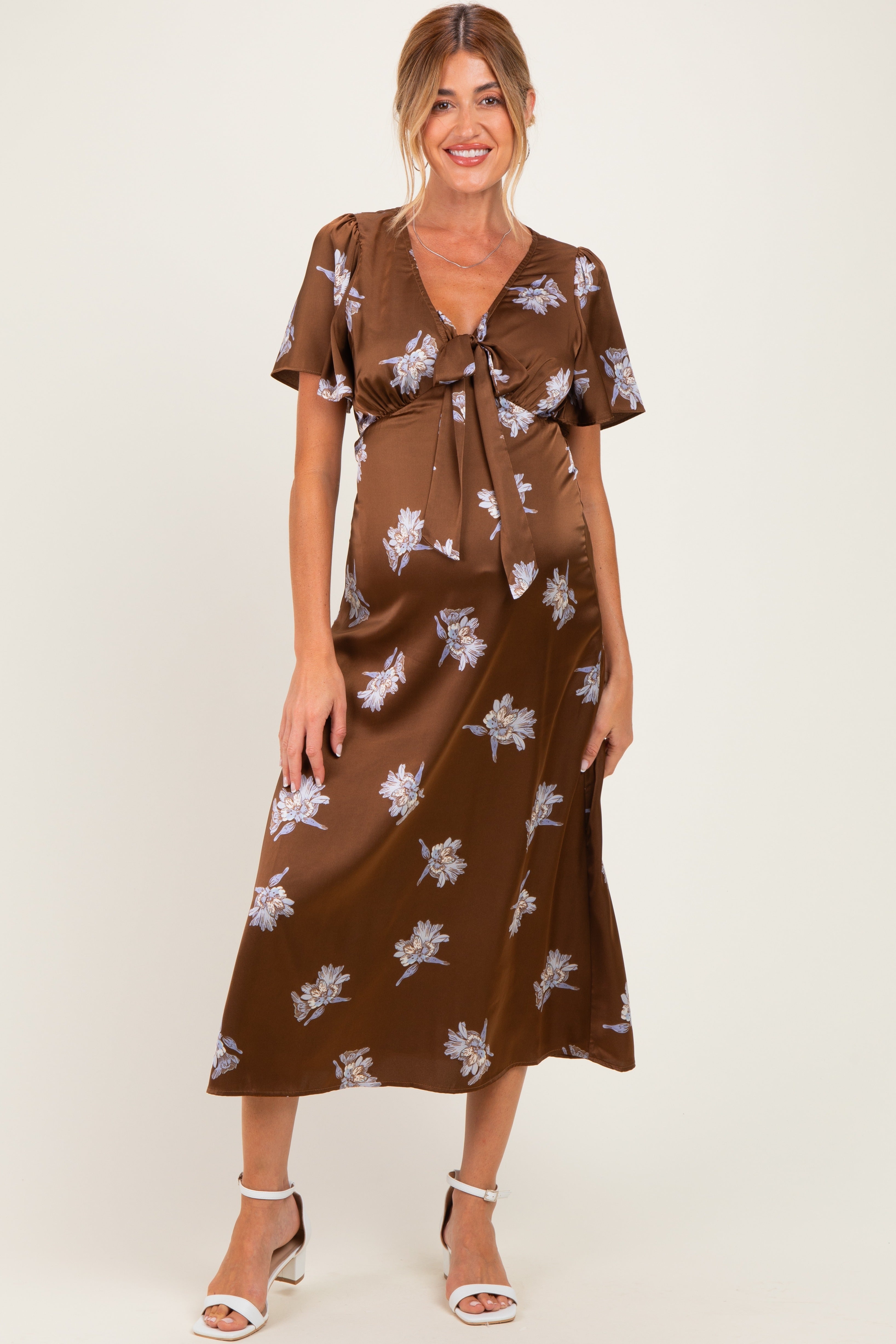 brown floral wrap dress Satin Flutter Sleeve Maternity Midi – PinkBlush cream botanical print + Fabric Composition: 100% polyester DecSea Wancir Pregnant Women Color:LapisBlue (Navy)