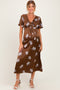 Brown Satin Floral Flutter Sleeve Maternity Midi Dress