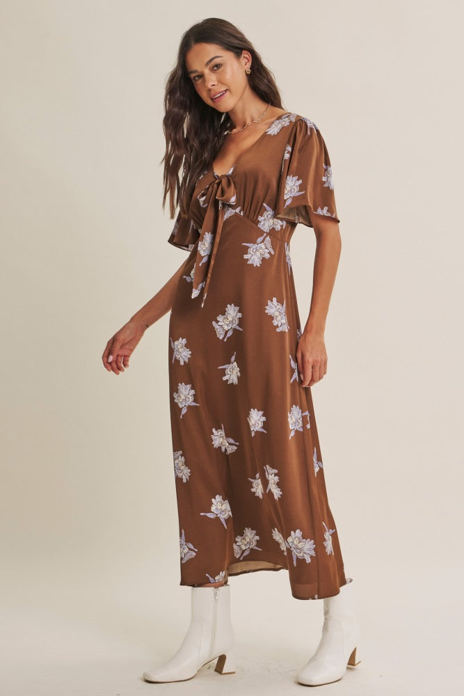 Brown Satin Floral Flutter Sleeve Midi Dress