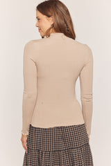 Light Taupe Mock Neck Ribbed Knit Top