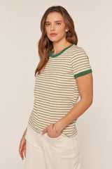 Green Striped Ribbed Knit T-Shirt