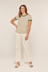 Green Striped Ribbed Knit T-Shirt
