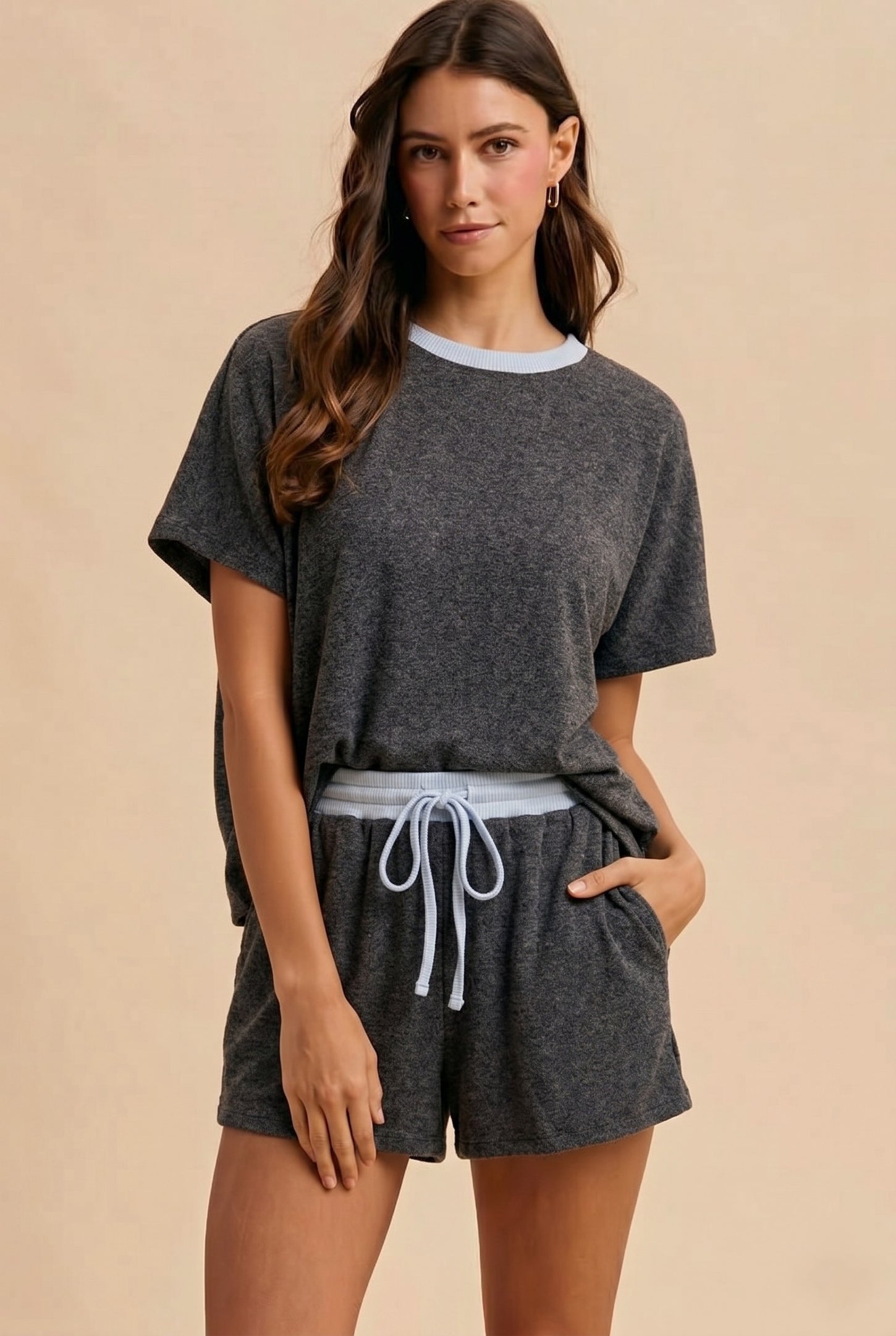 Charcoal Melange Knit Short Sleeve Top Shorts Set