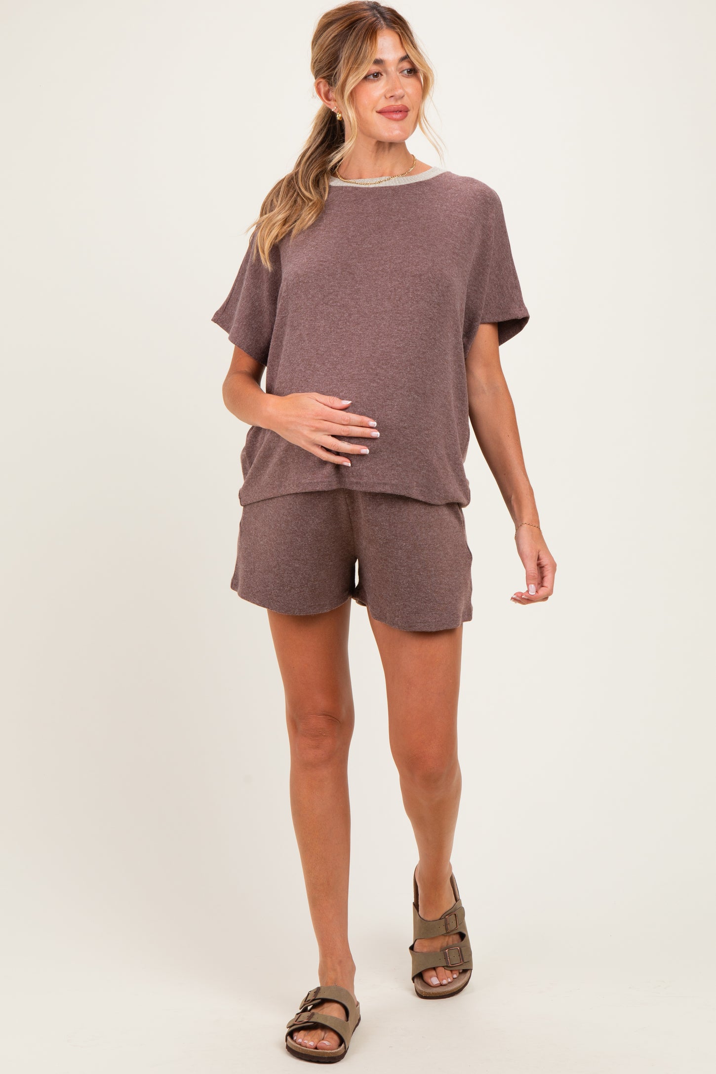 Brown Melange Knit Short Sleeve Top Shorts Maternity Set