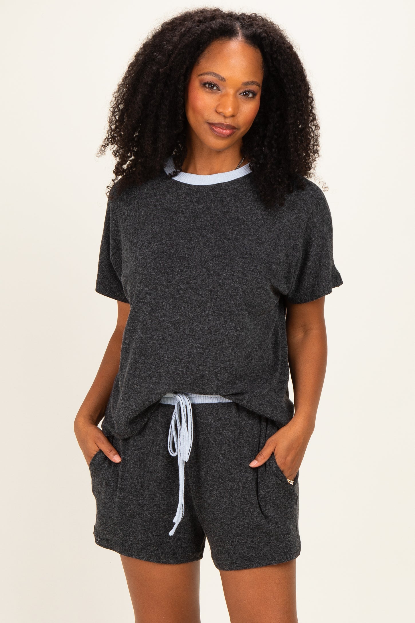 Charcoal Melange Knit Short Sleeve Top Shorts Maternity Set
