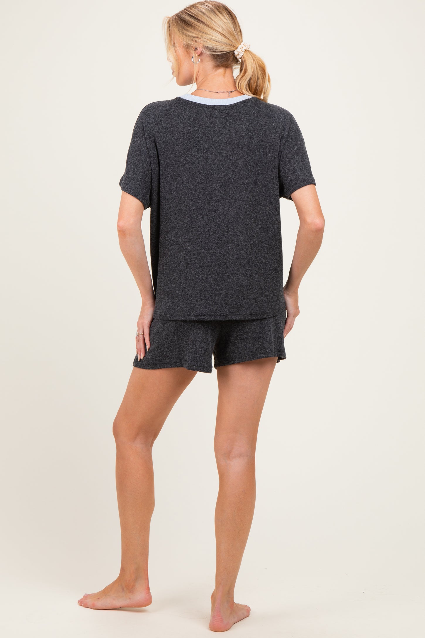 Charcoal Melange Knit Short Sleeve Top Shorts Maternity Set