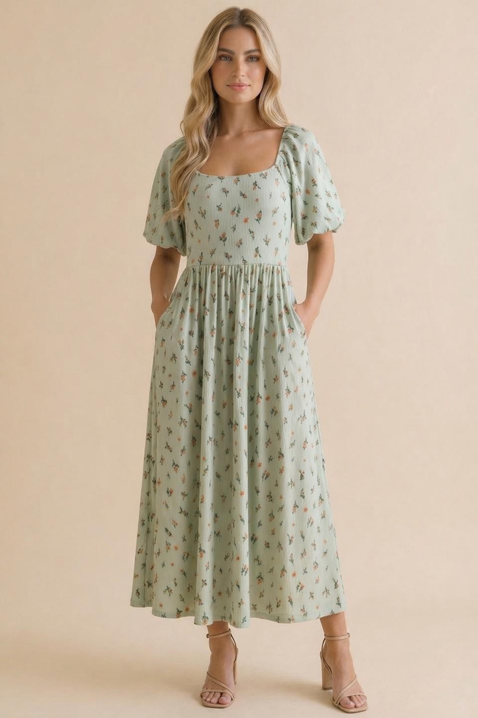 maternity dress sale Sage Floral Square Neck Puff Sleeve Plus Crafted from lightweight Color:Brown & Powder Blue Floral bachsuite26 What I'm Wearing on