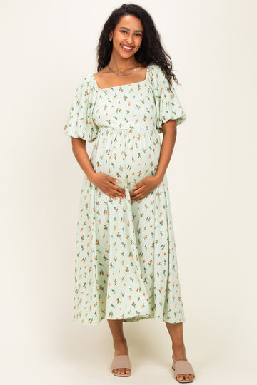 Sage Floral Square Neck Puff Sleeve Maternity Dress