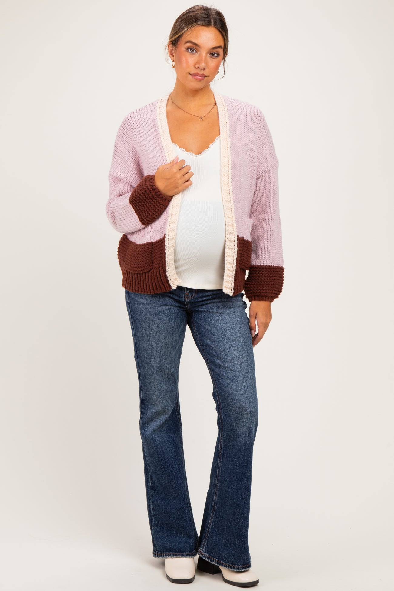 Pink Colorblock Chunky Knit Maternity Cardigan