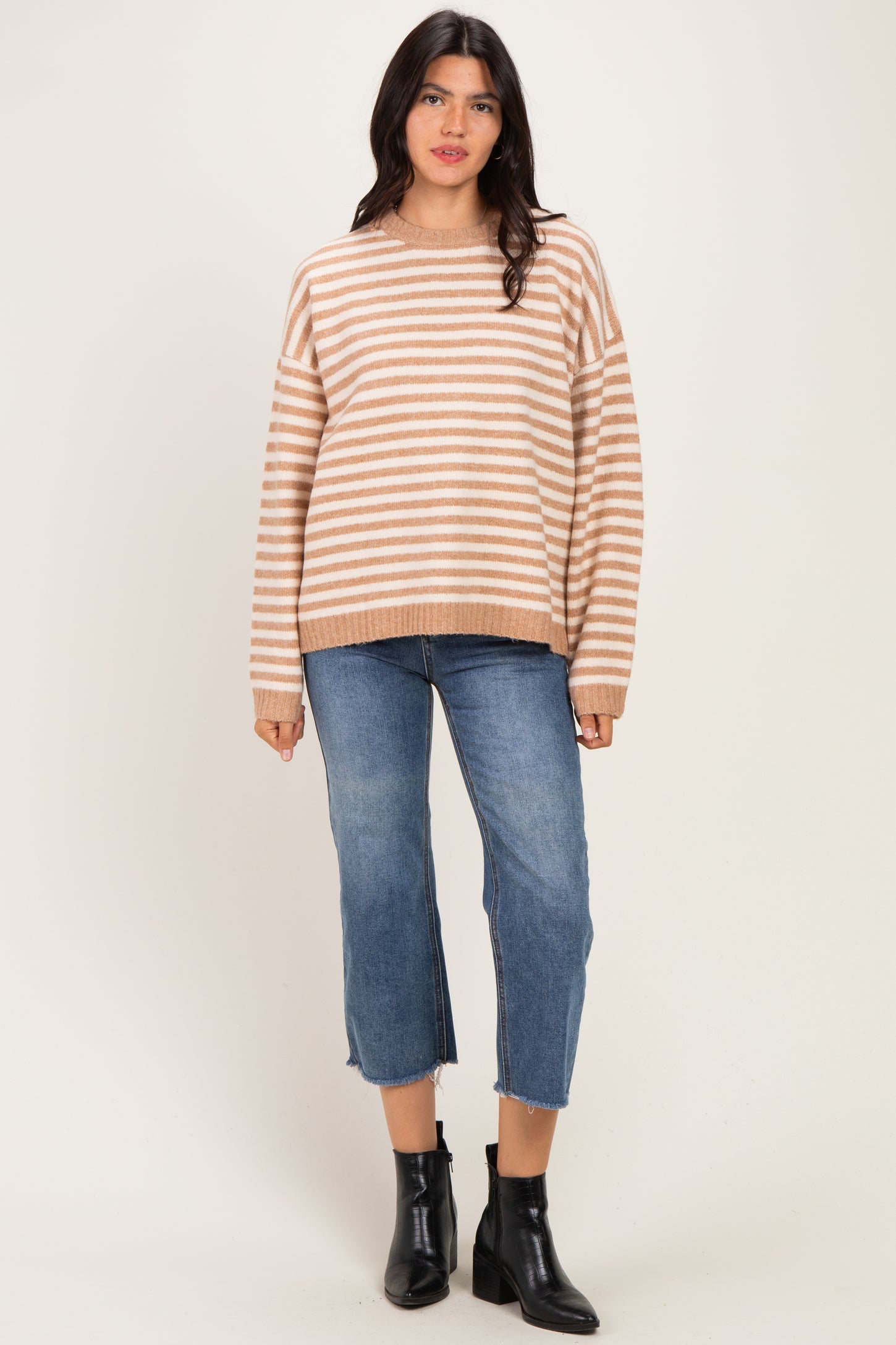 Coffee Brushed Knit Striped Sweater