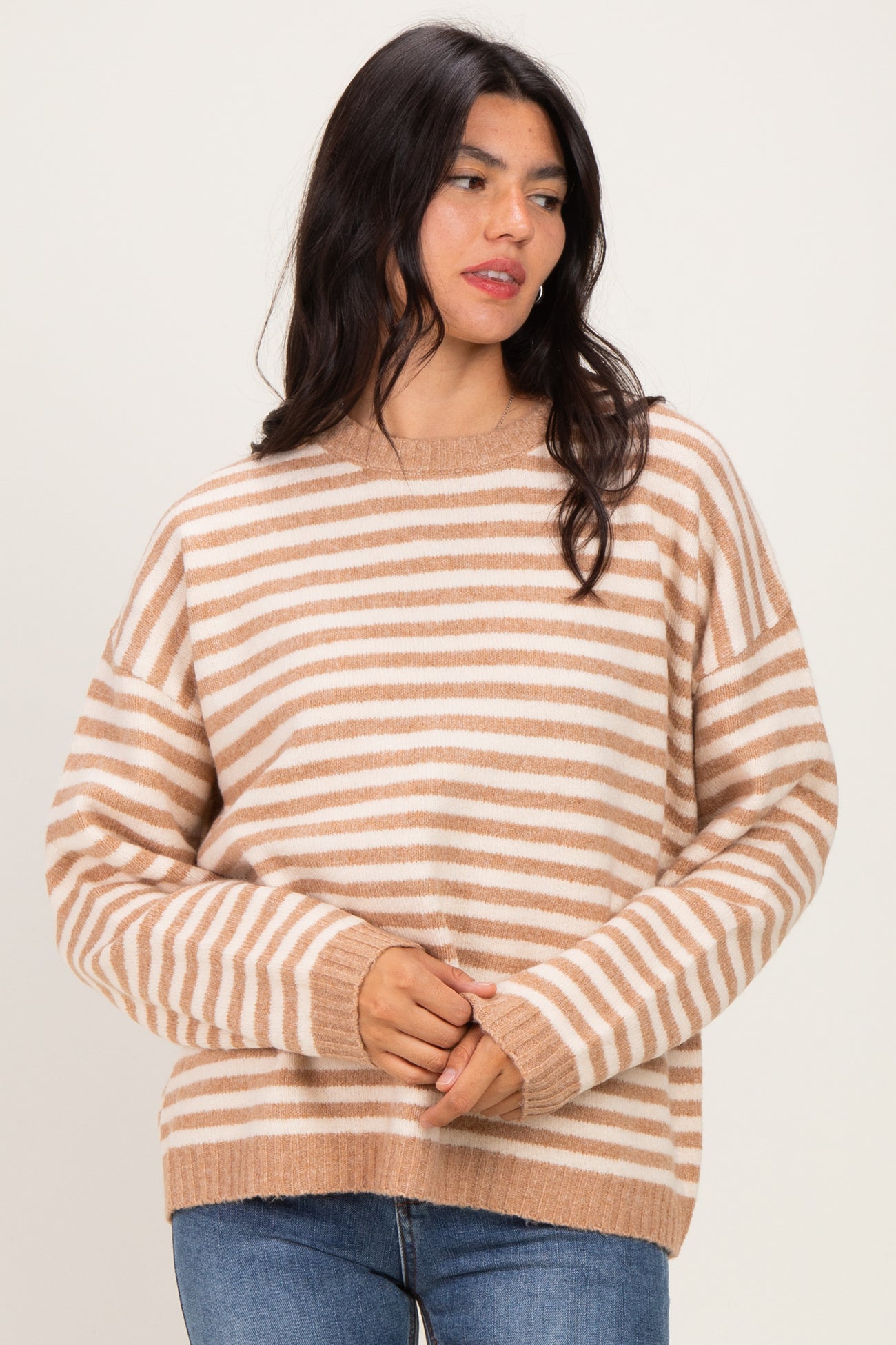 Coffee Brushed Knit Striped Sweater