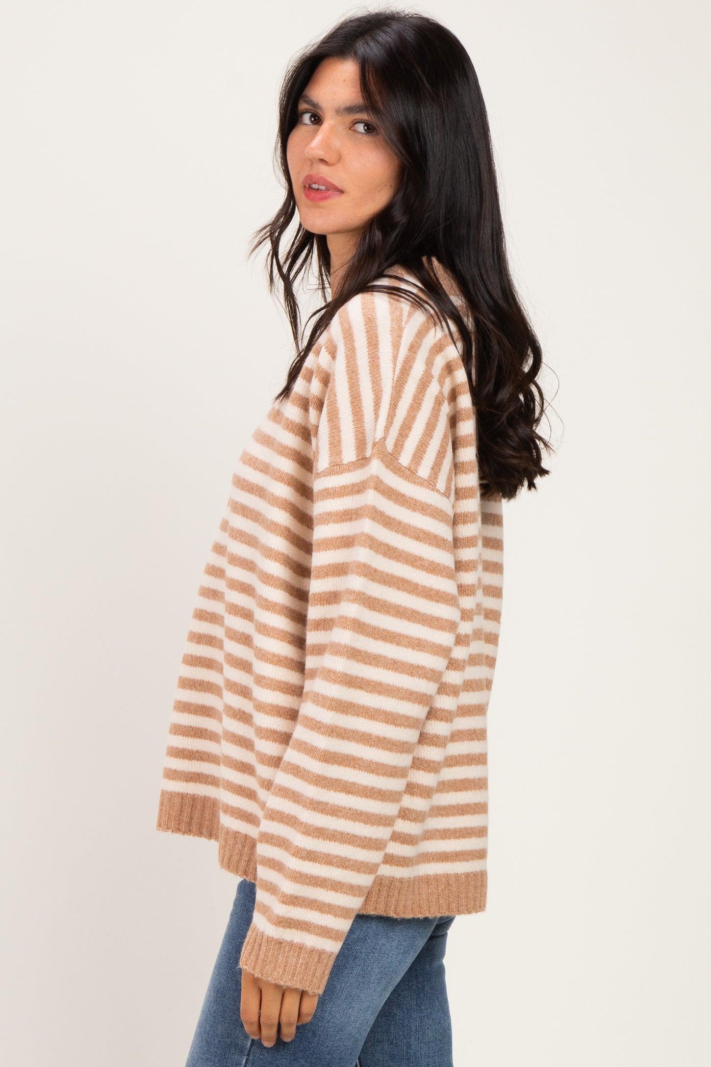 Coffee Brushed Knit Striped Sweater
