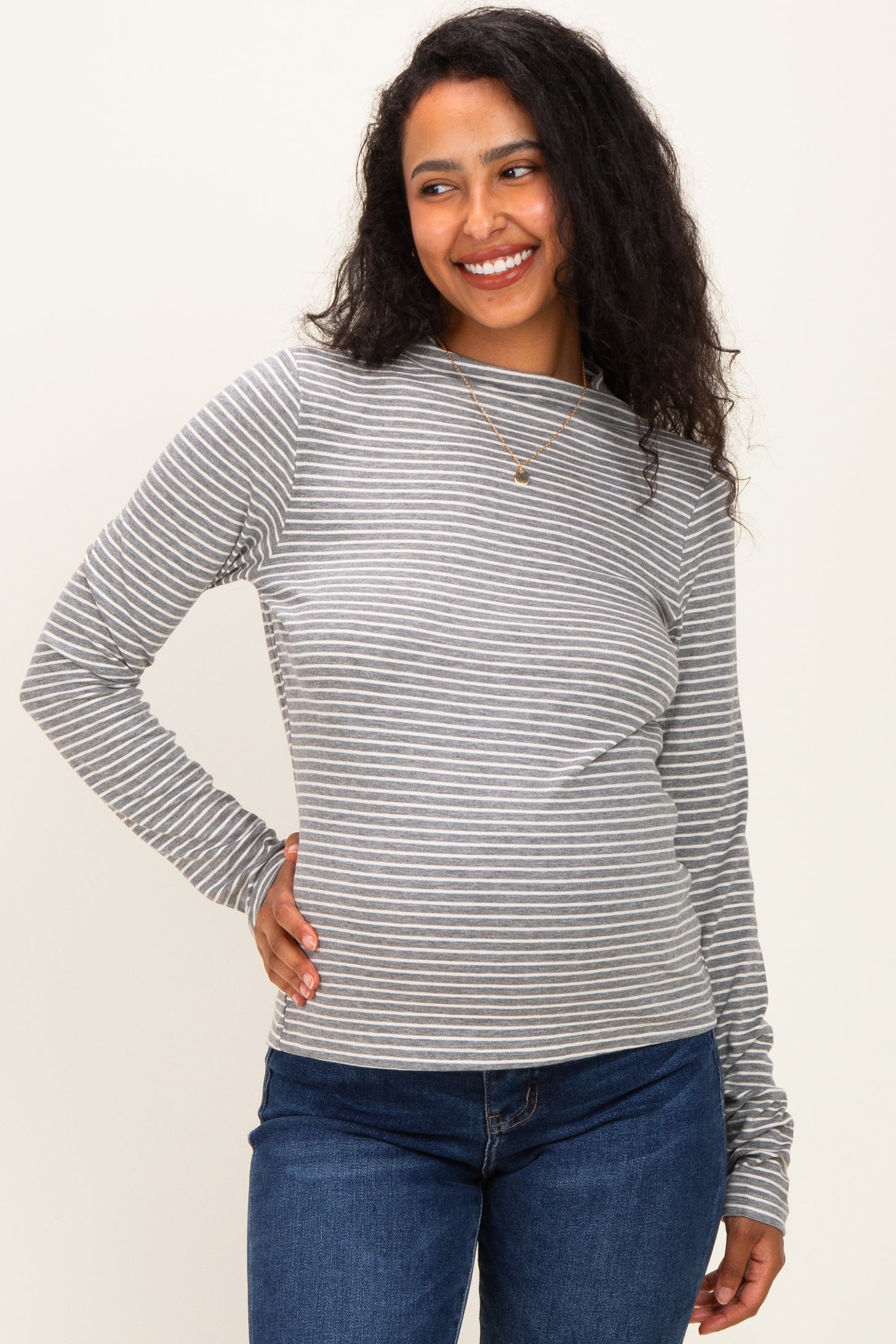 Heather Grey Striped Rolled Neck Maternity Top