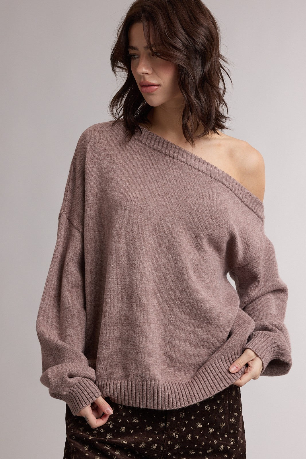 Mink Oversized One Shoulder Maternity Sweater