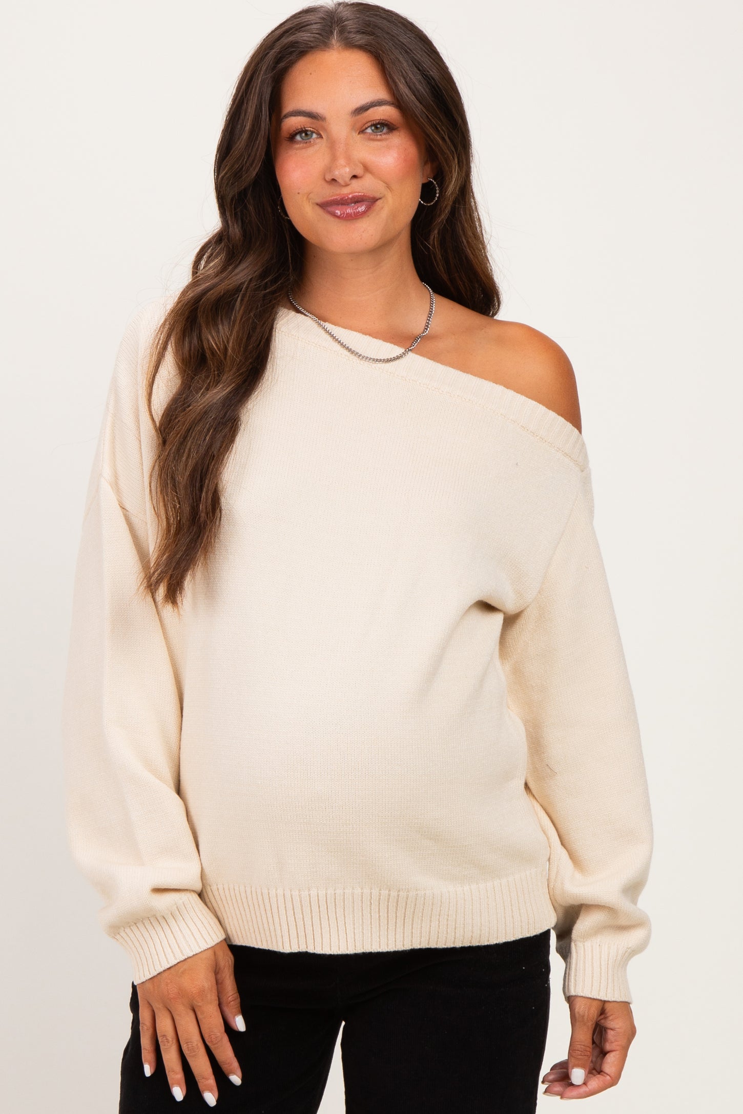 Cream Oversized One Shoulder Maternity Sweater