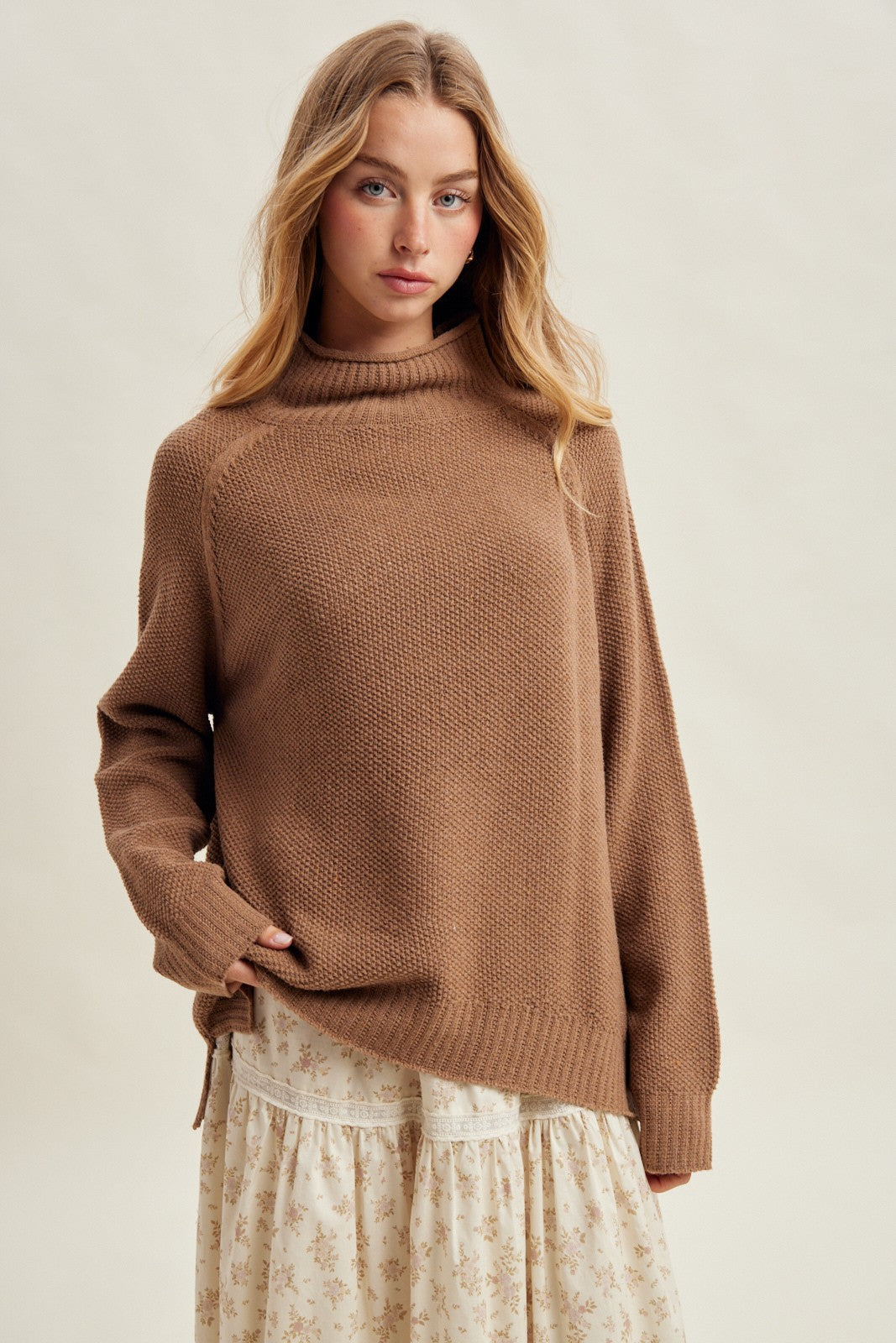 Mocha Waffle Knit Turtleneck Maternity Sweater