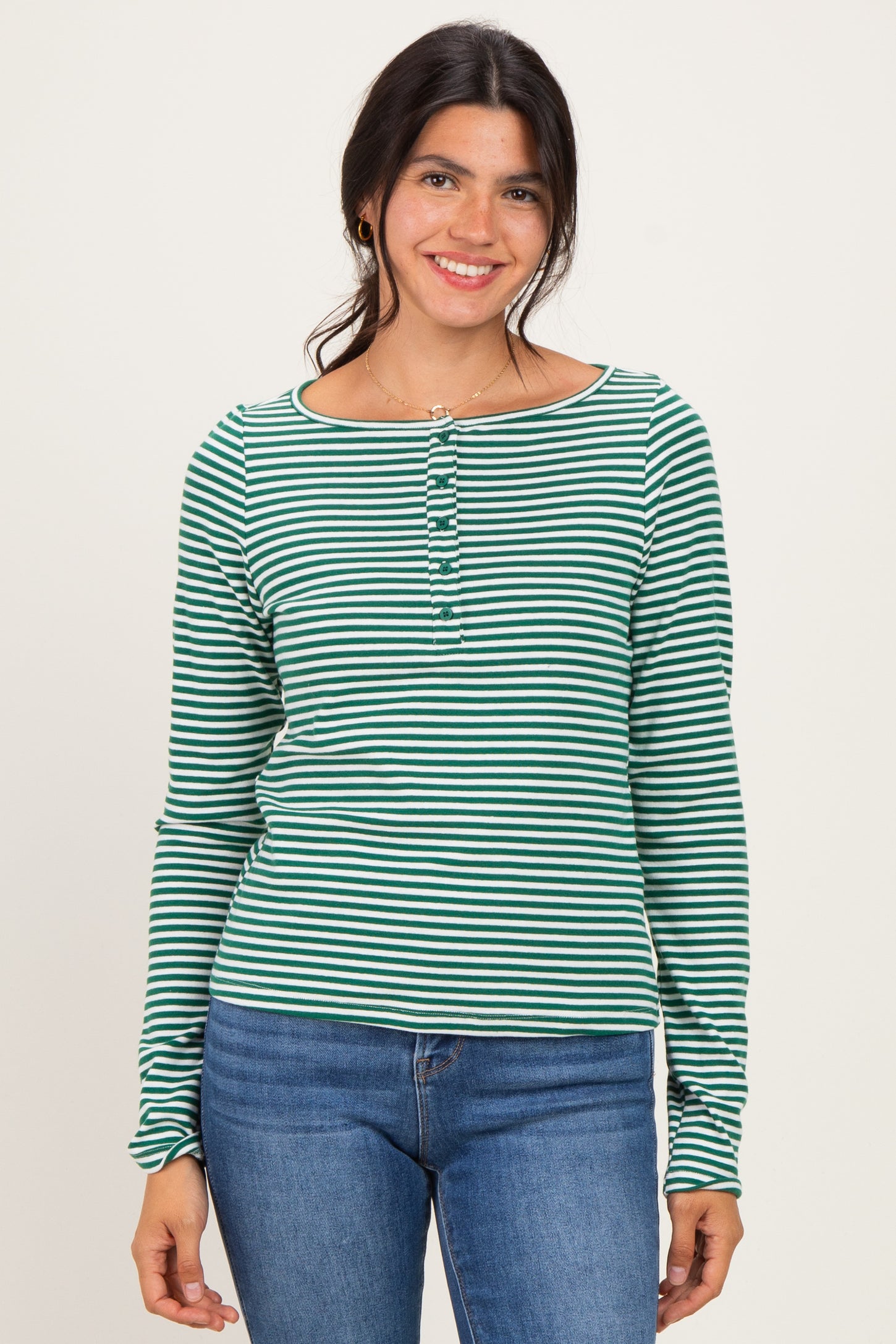 Green Striped Button Henley Top