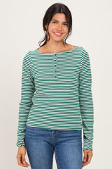 Green Striped Button Henley Top