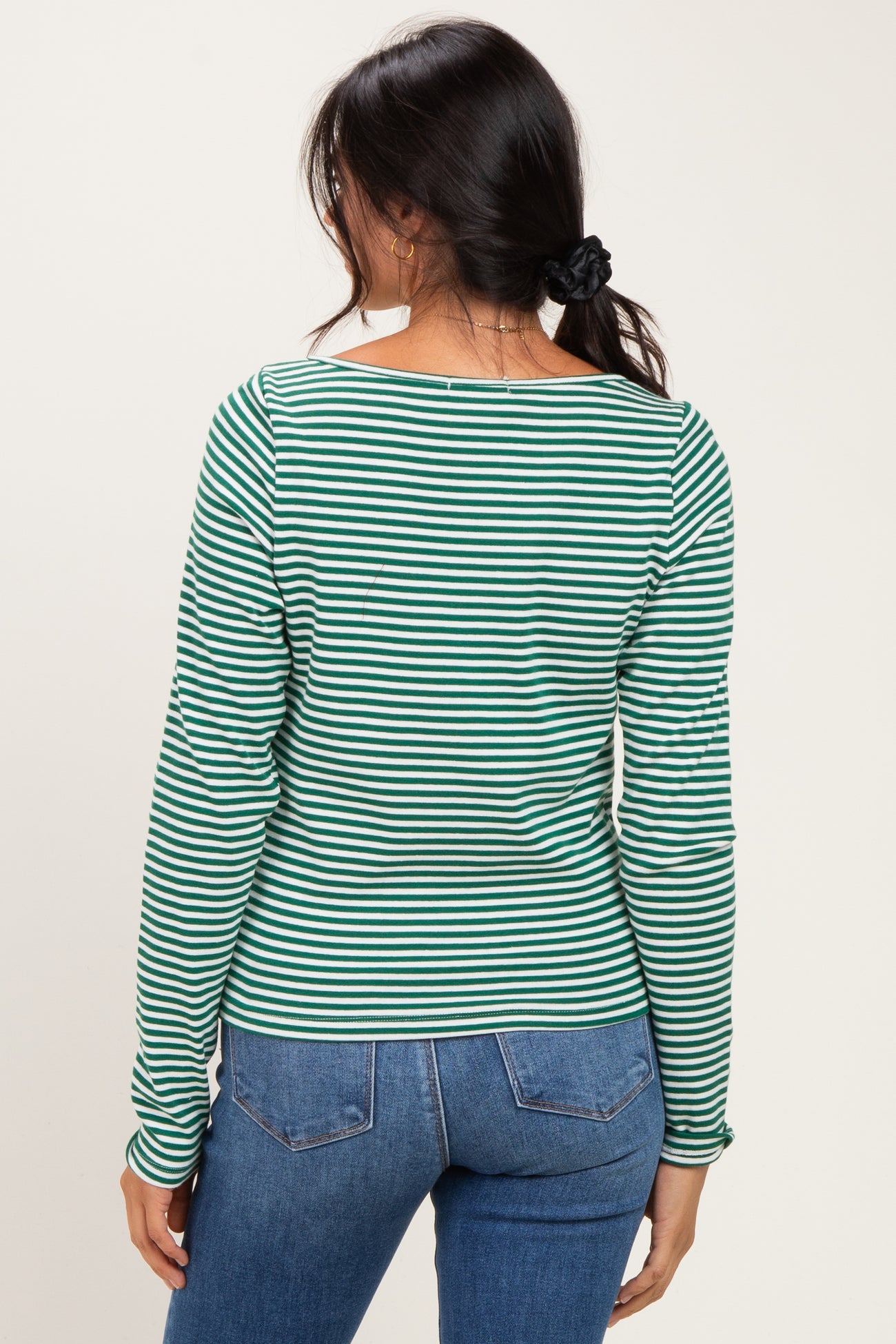 Green Striped Button Henley Top