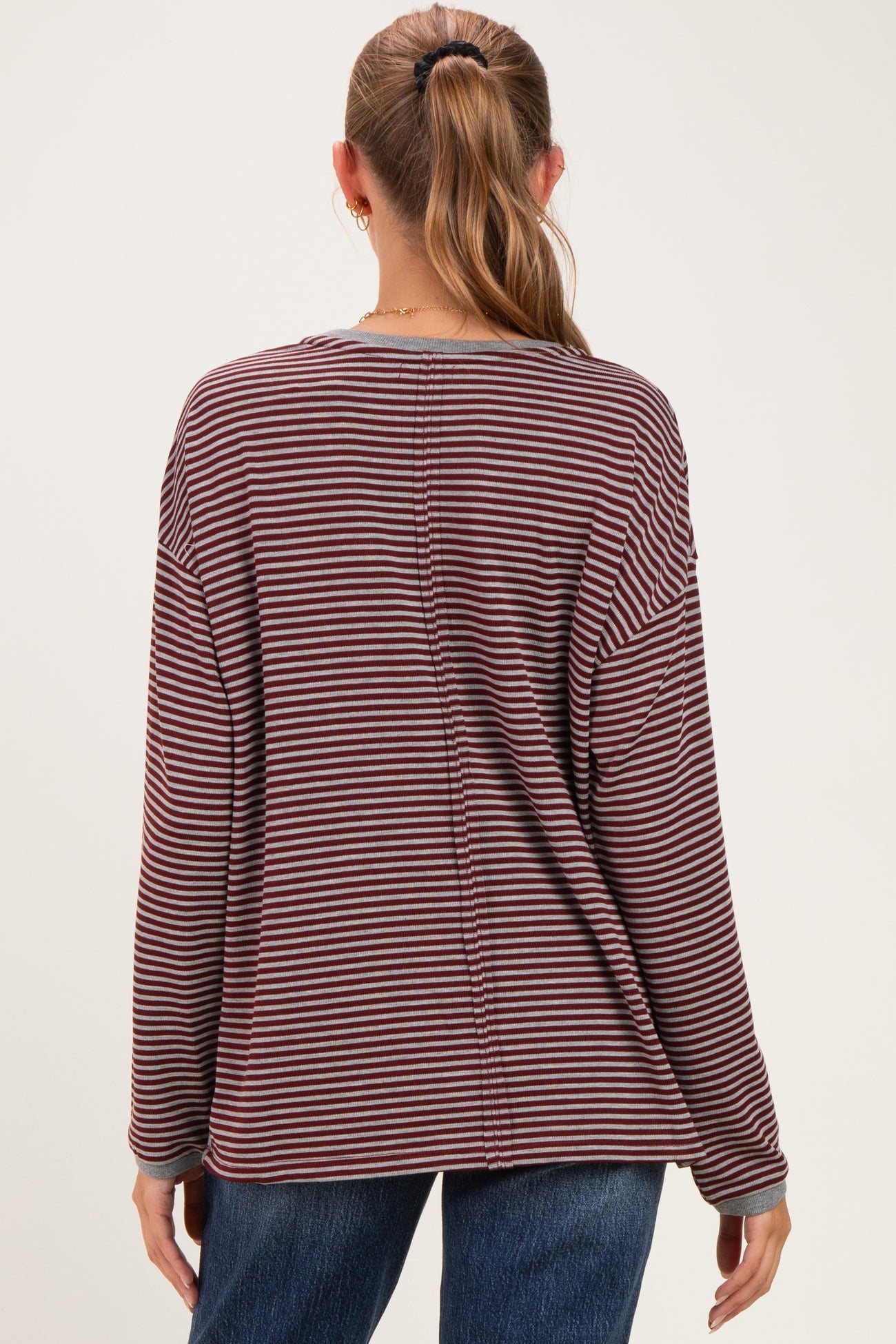 Burgundy Striped Oversized Maternity Long Sleeve Top