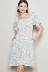 Cream Floral Smocked Puff Sleeve Dress