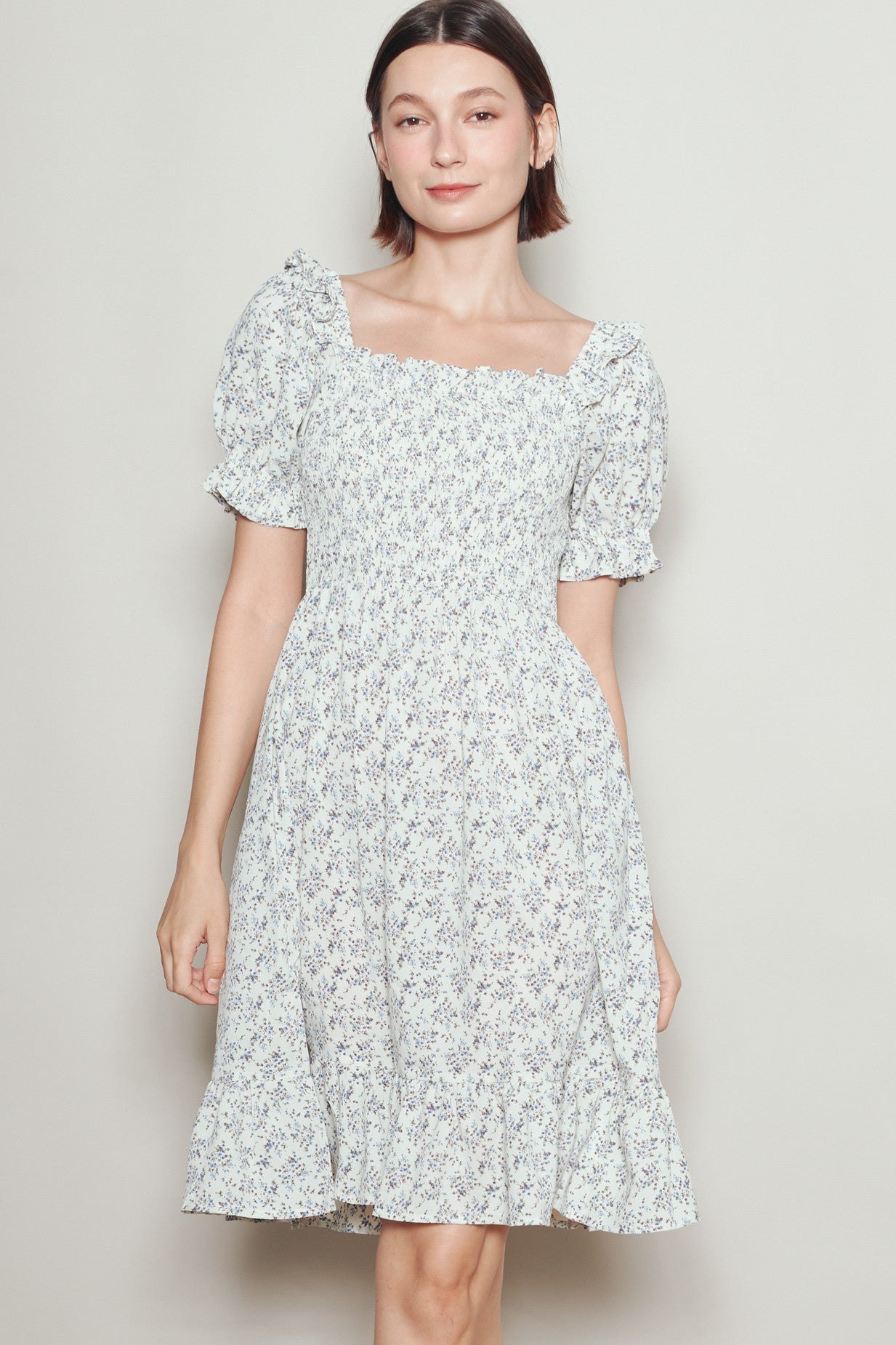 midi smock dresses Cream Floral Smocked Puff Sleeve Dress SU26D6-family Zimmermann Tiered Corded Lace Approx 46 Size:W38/34