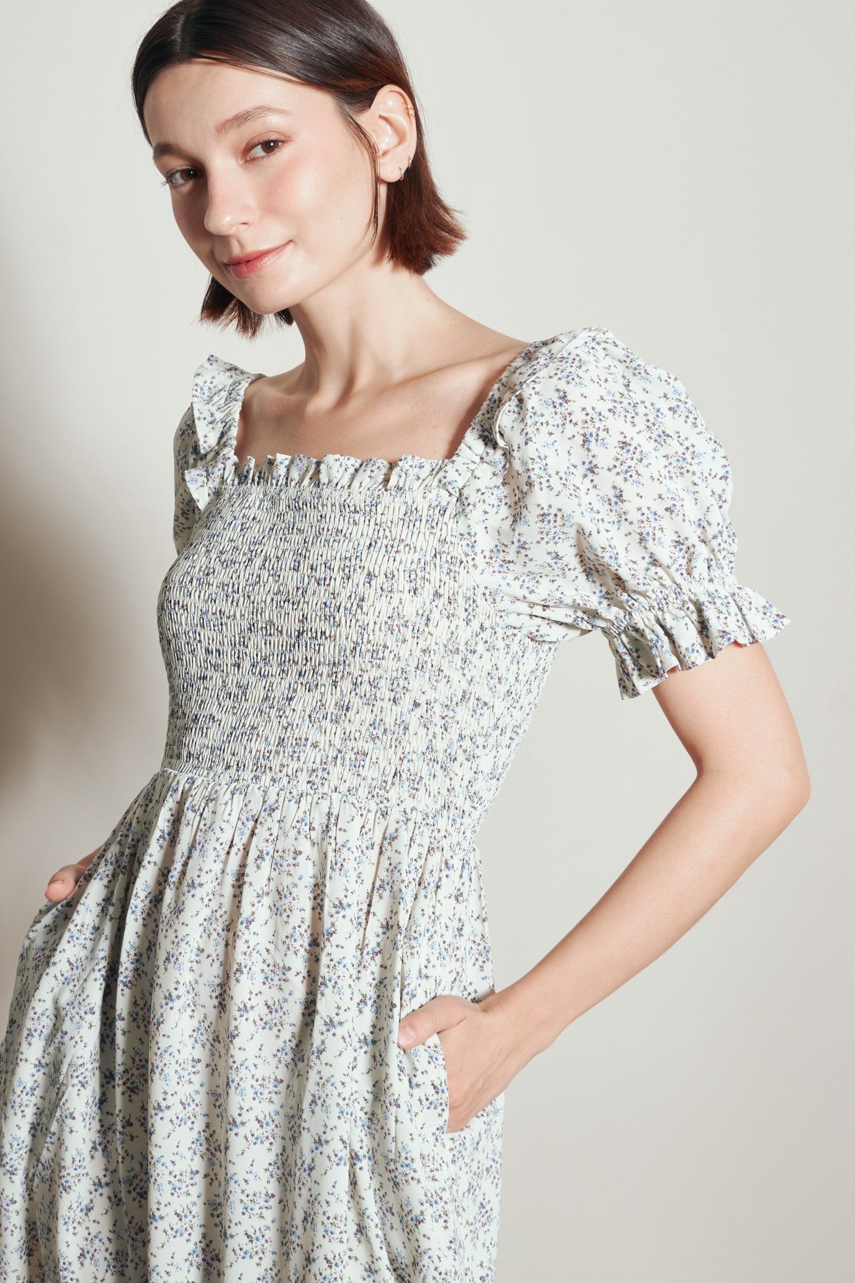 puff sleeve smocked dress Cream Floral Silver Cocktail Dress, Womens Featuring delicate short puff YGroup_vienna Color:Autumn Garden