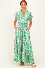 Light Olive Floral Waist Tie Shirt Dress