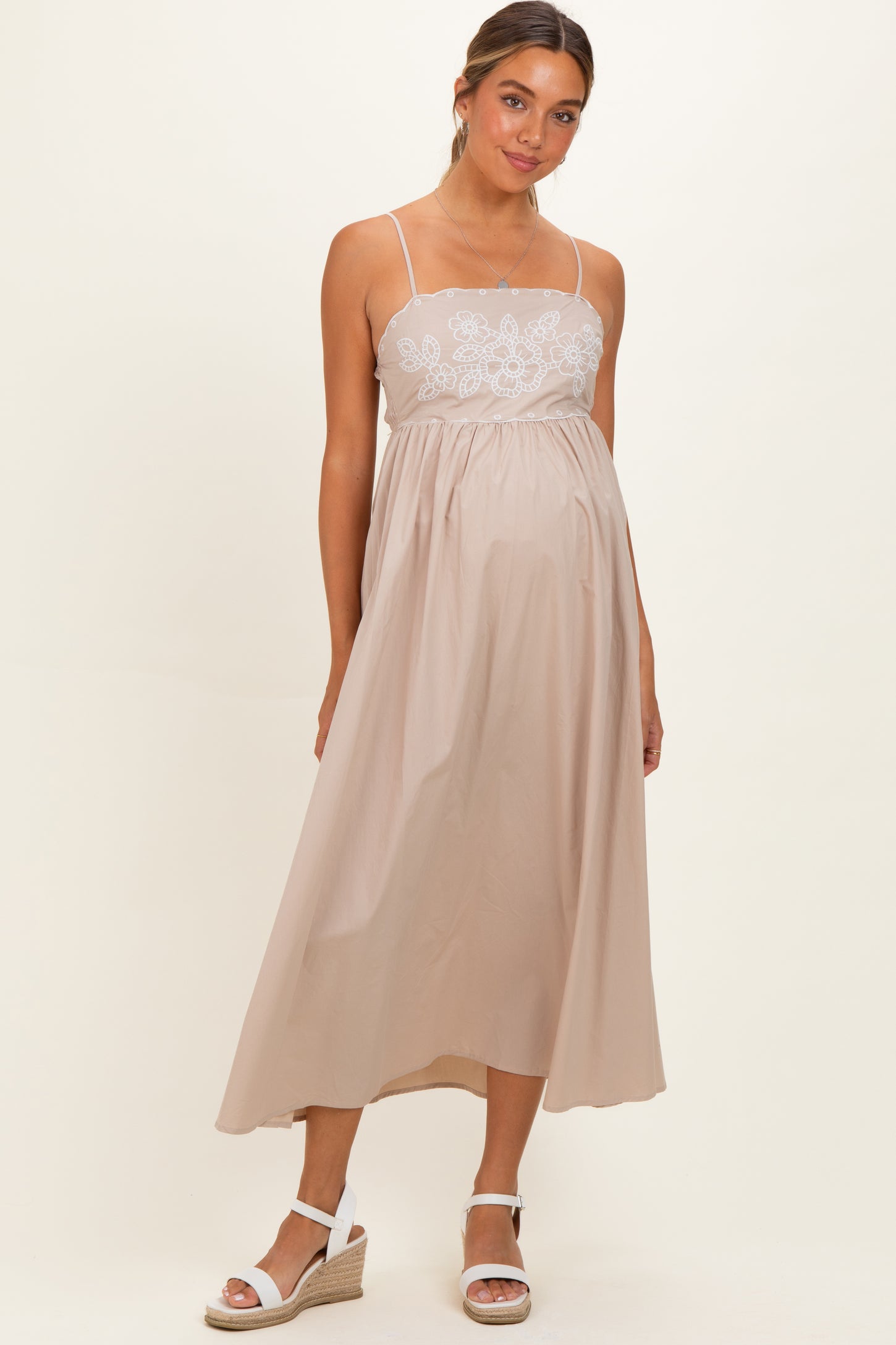 embroidered maternity maxi dress Beige Floral Embroidered Back Cut Out Maternity Maxi Dress