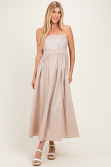Beige Floral Embroidered Back Cut Out Maxi Dress