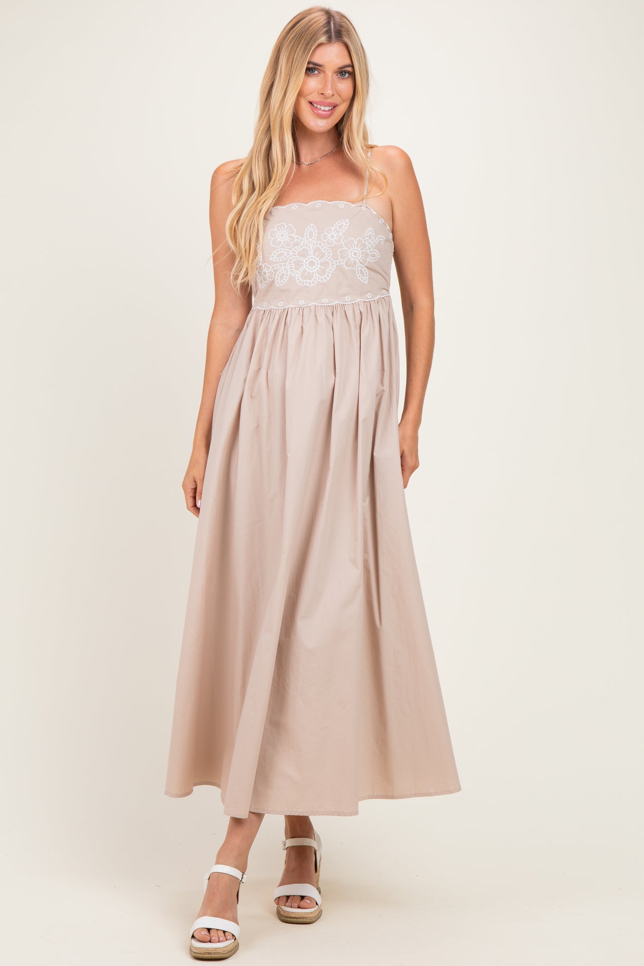Beige Floral Embroidered Back Cut Out Maternity Maxi Dress