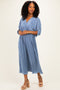 Deep Blue Pleated Satin Dolman Sleeve Maxi Dress