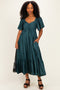 Emerald Flutter Sleeve Ruffle Hem Midi Dress