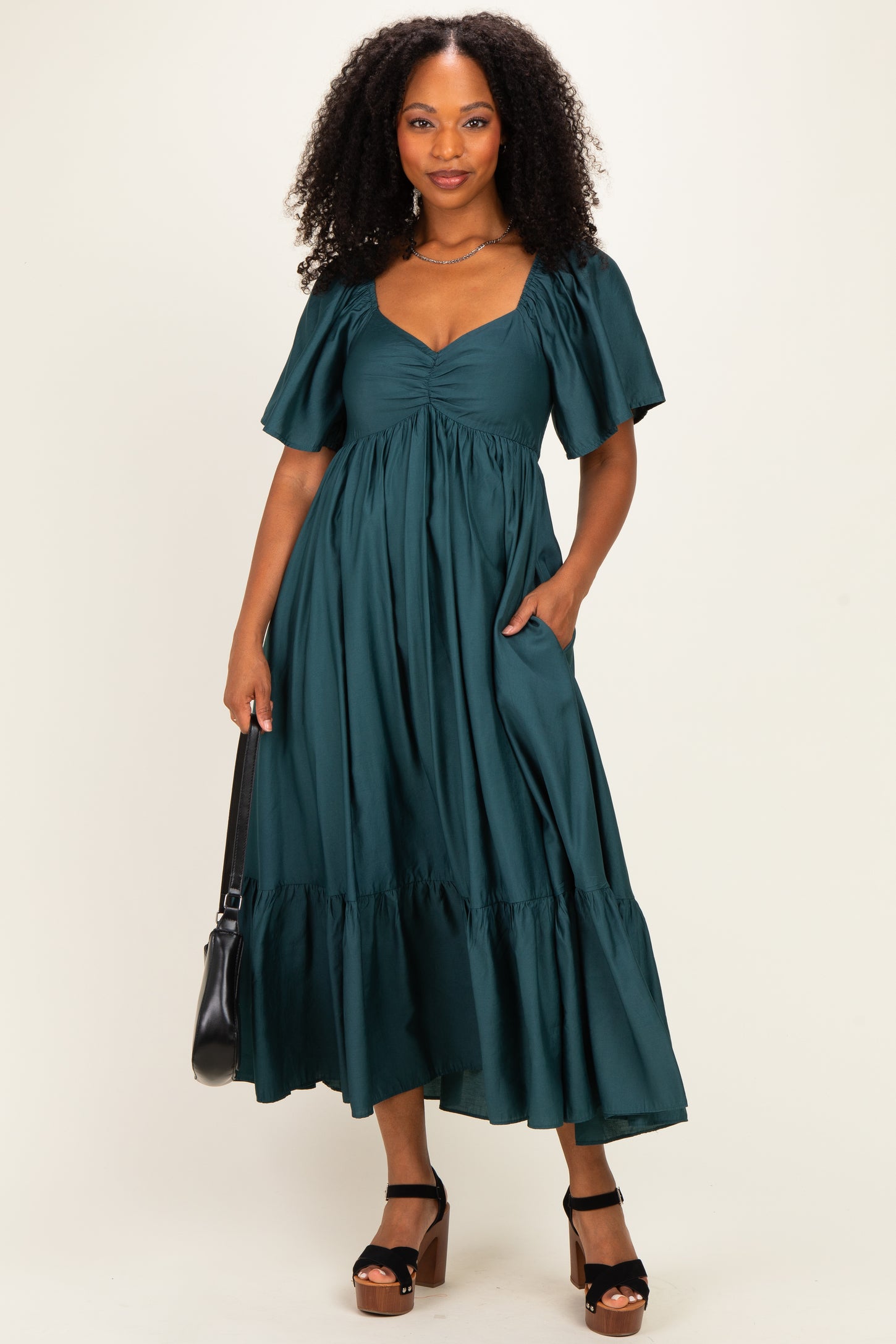 Emerald Flutter Sleeve Ruffle Hem Maternity Midi Dress – PinkBlush