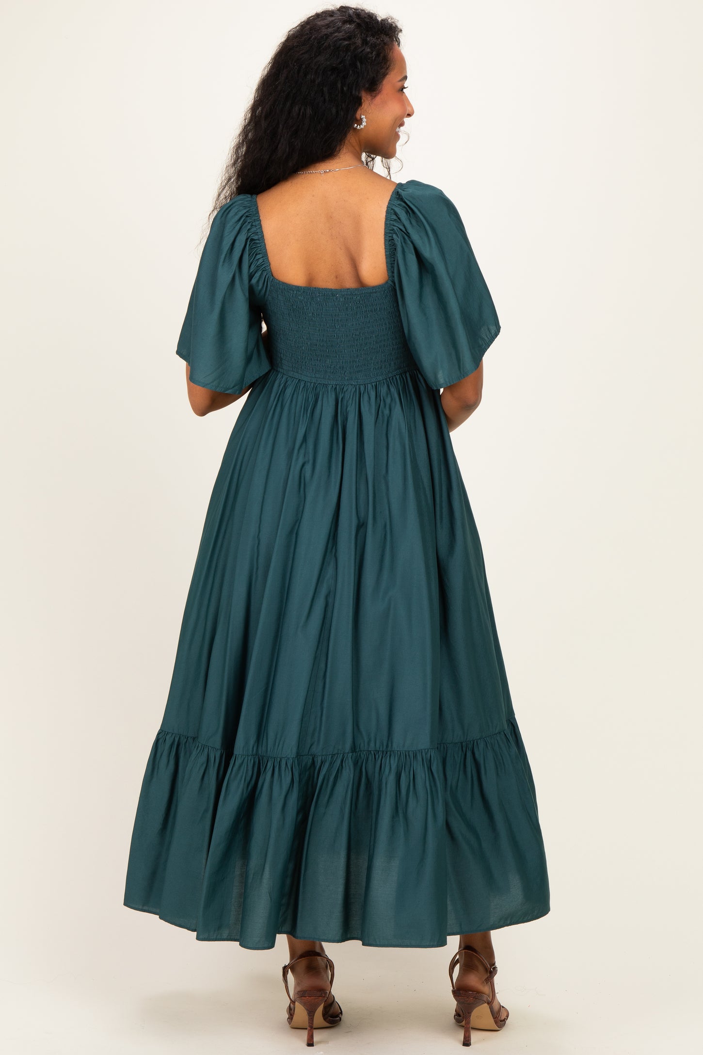 Emerald Flutter Sleeve Ruffle Hem Maternity Midi Dress