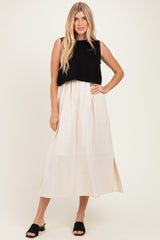 Black/ Cream Sleeveless Sweater Top Colorblock Midi Dress