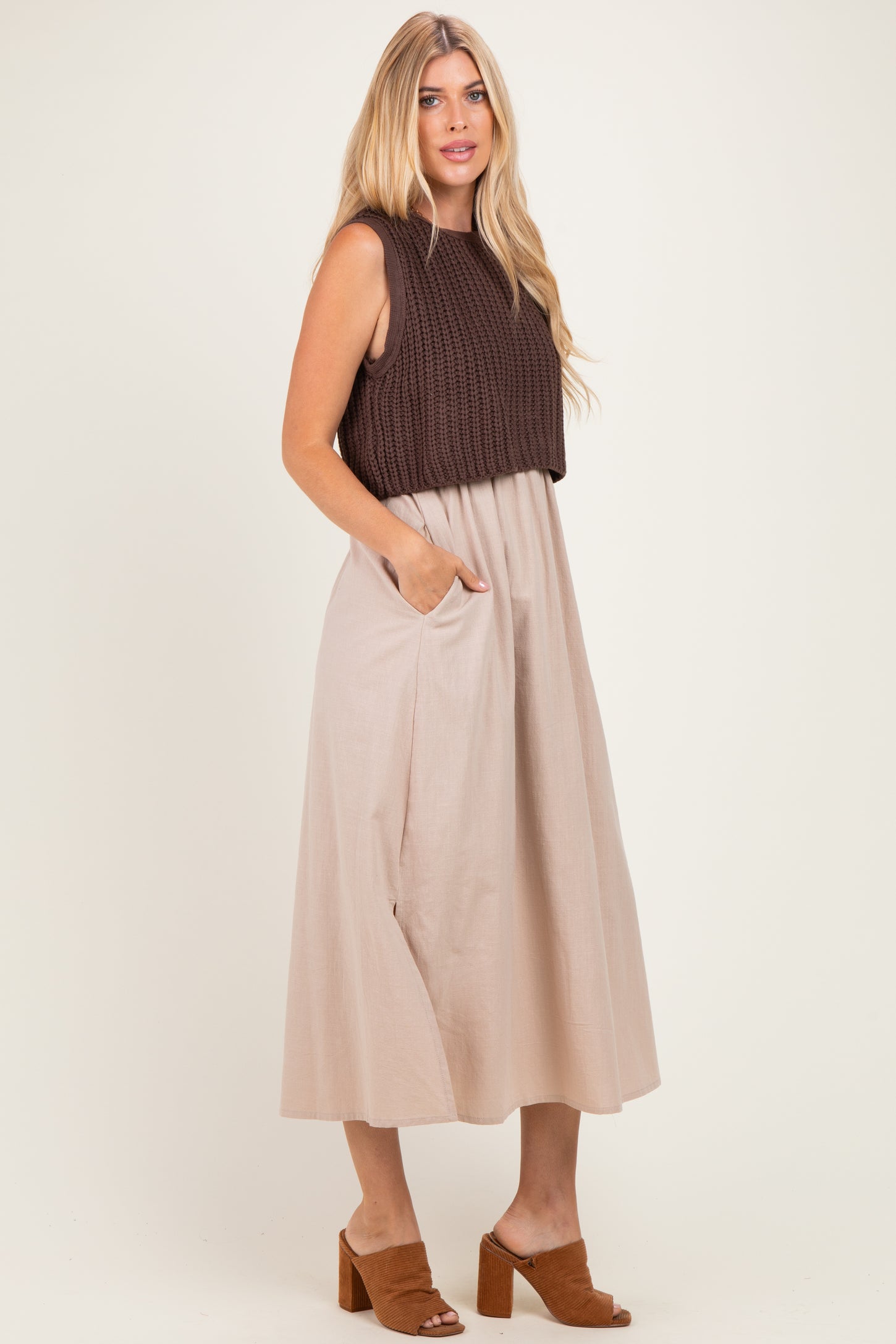 Brown/ Mocha Sleeveless Sweater Top Colorblock Midi Dress