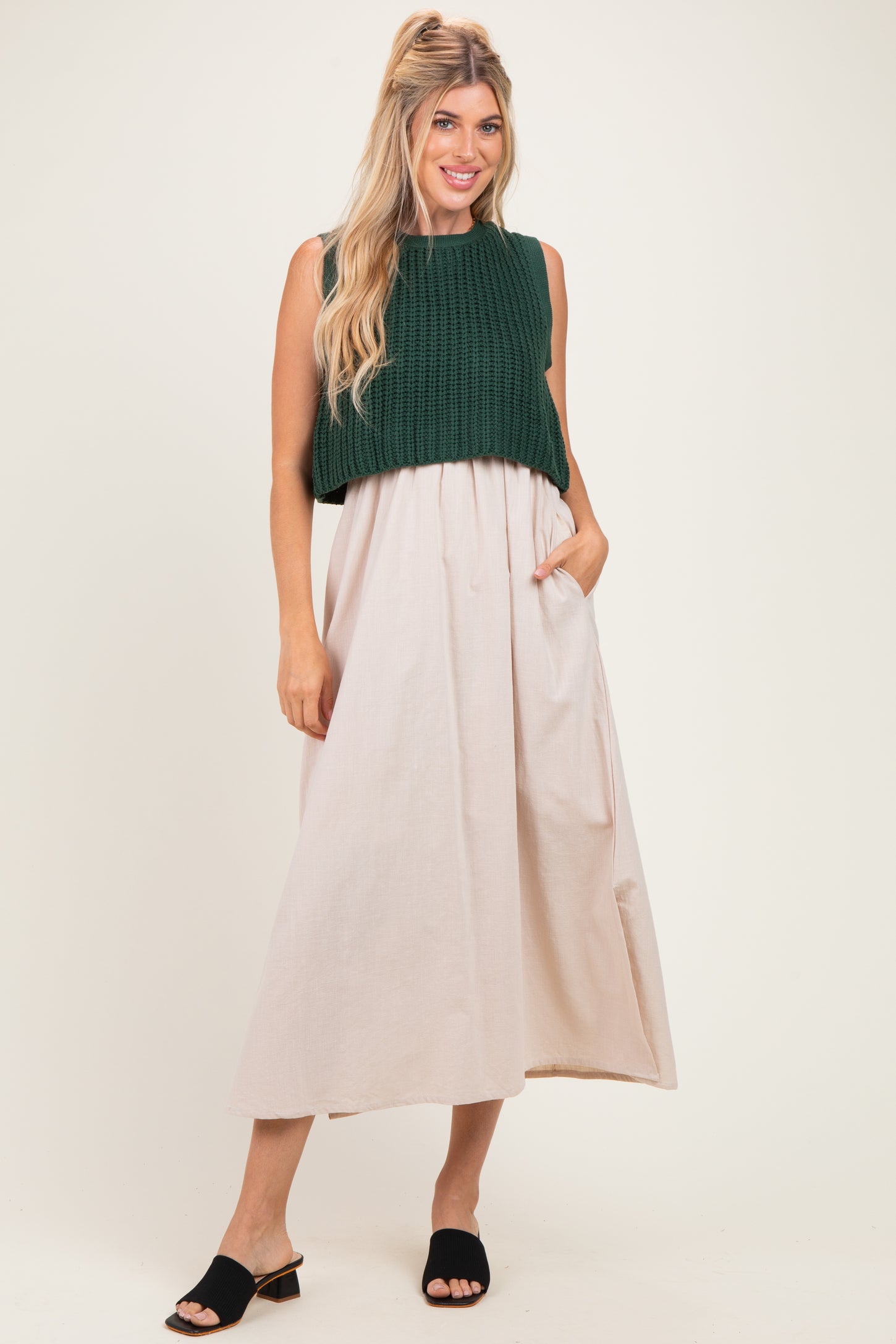 Forest Green/ Taupe Sleeveless Sweater Top Colorblock Midi Dress