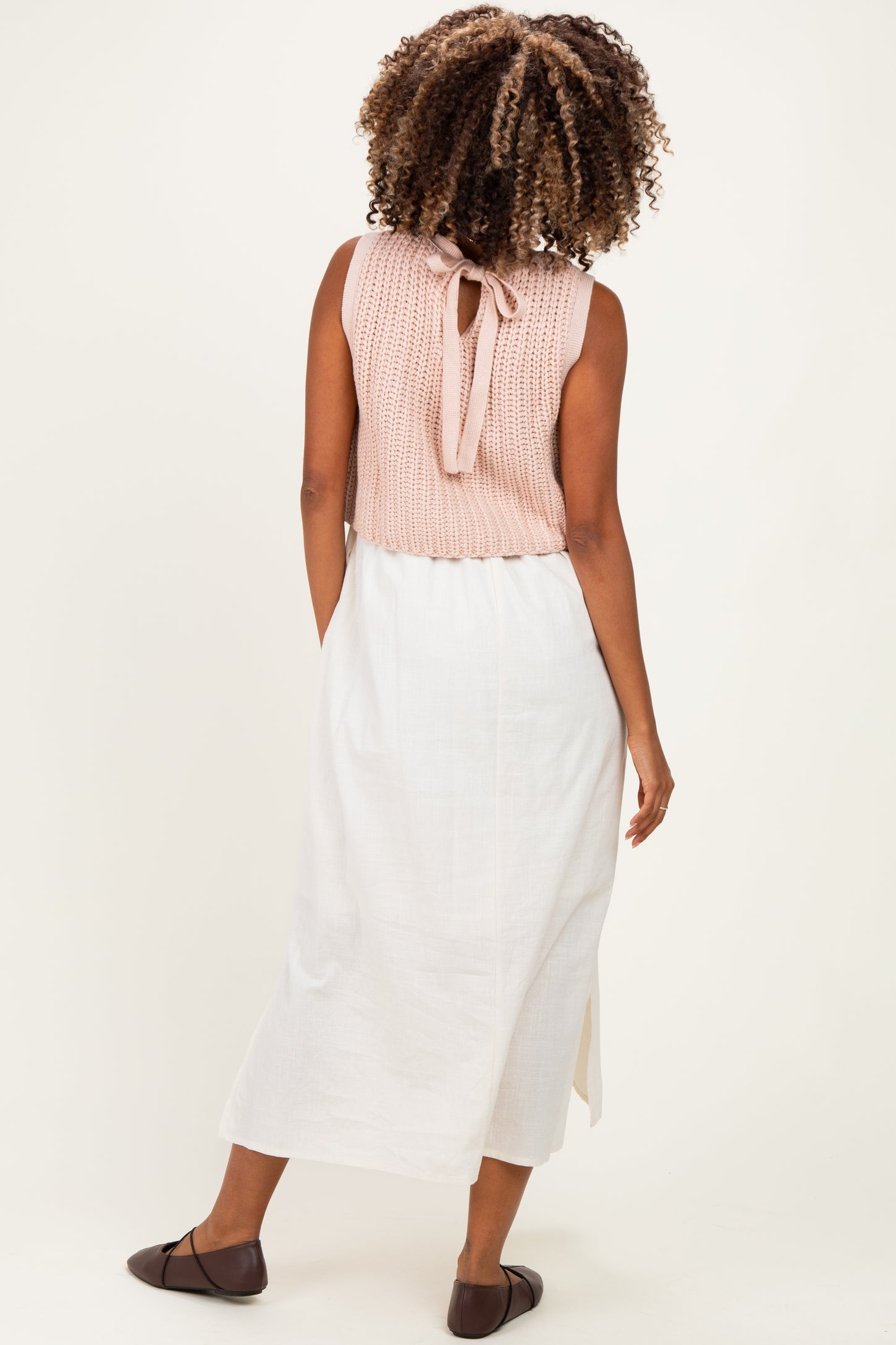 Peach Sleeveless Sweater Top Colorblock Maternity Midi Dress