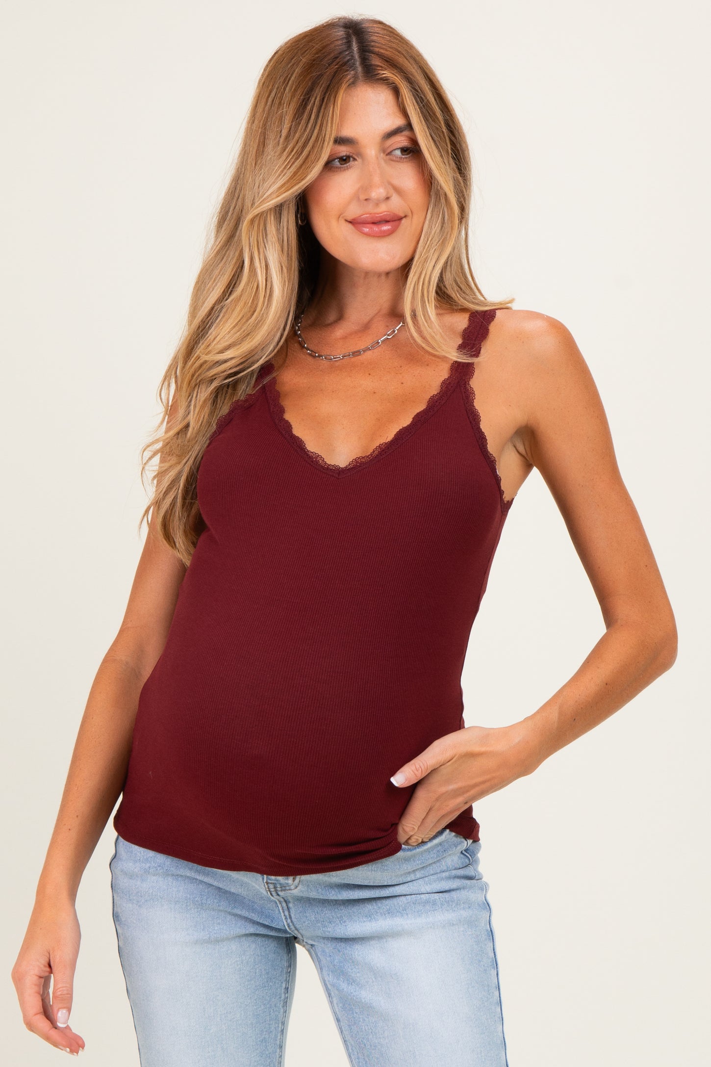 Burgundy Lace Trim Detail Ribbed Maternity Knit Tank Top